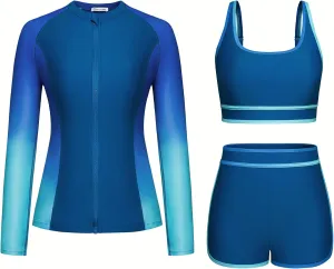 Kate Kasin Women's 3 Piece Rash Guard Long Sleeve Swimsuits Zip Up UPF 50  Built in Bra Swim Shirts with Boyshorts Quick Dry