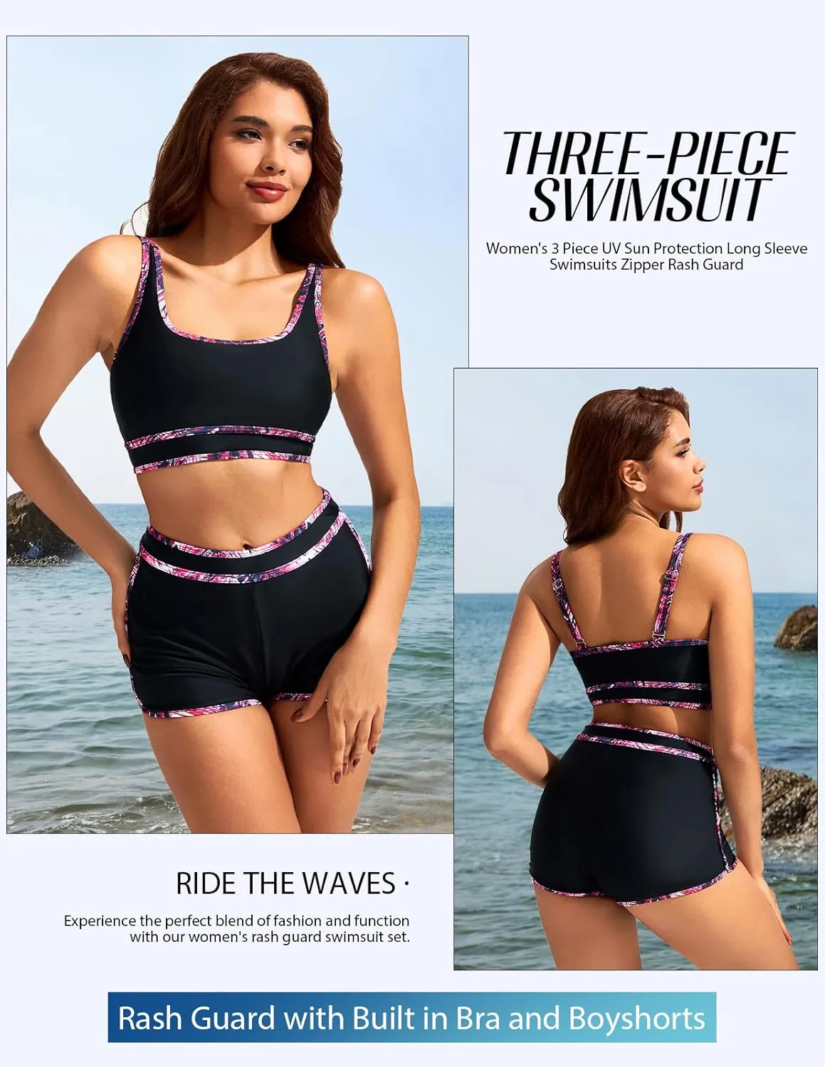 Kate Kasin Women's 3 Piece Rash Guard Long Sleeve Swimsuits Zip Up UPF 50  Built in Bra Swim Shirts with Boyshorts Quick Dry