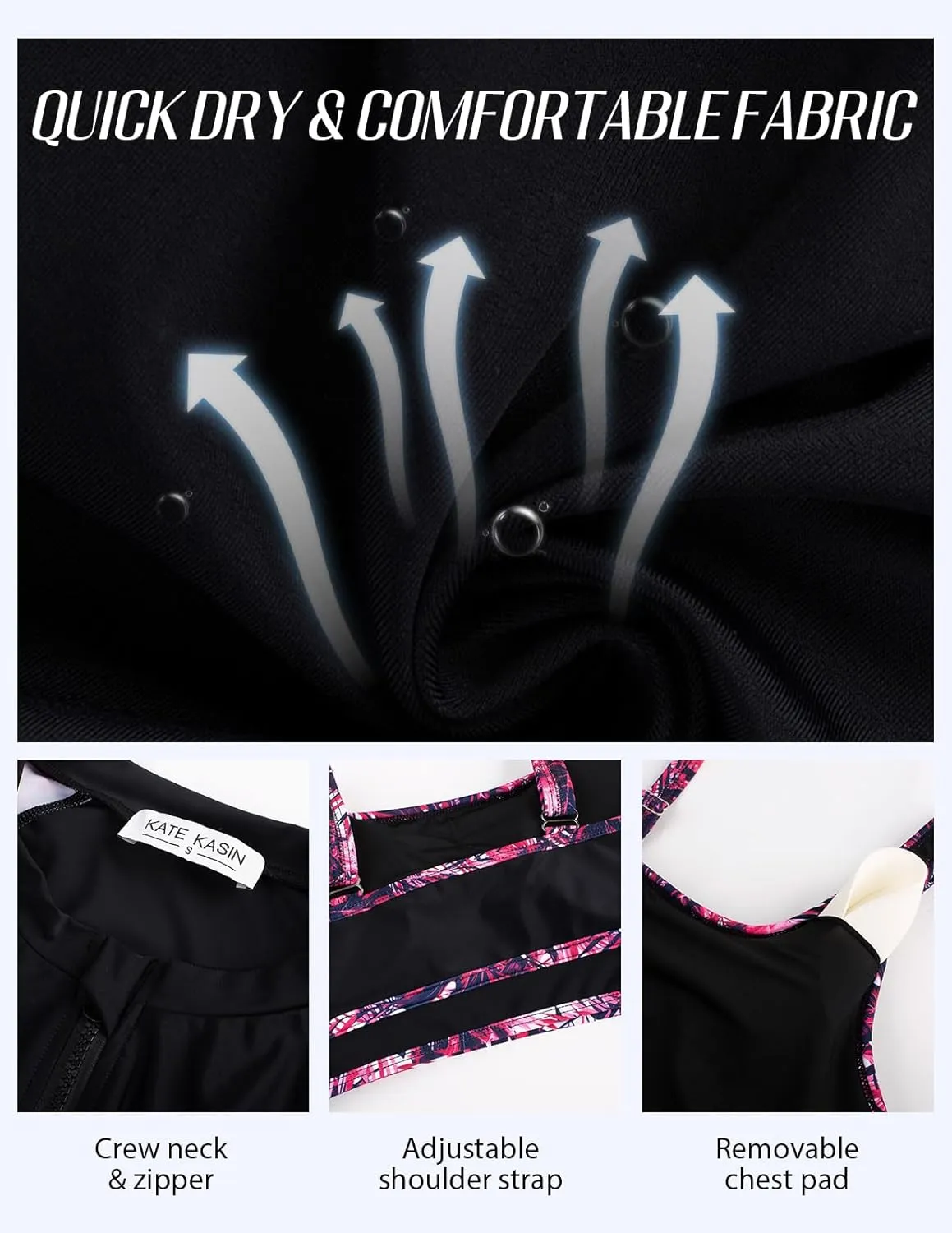 Kate Kasin Women's 3 Piece Rash Guard Long Sleeve Swimsuits Zip Up UPF 50  Built in Bra Swim Shirts with Boyshorts Quick Dry