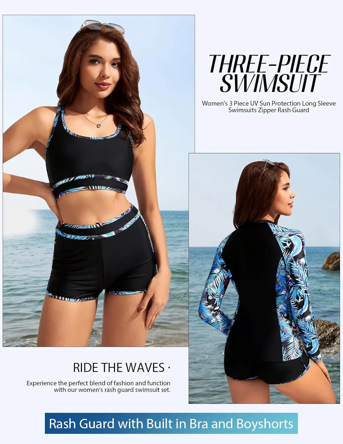 Kate Kasin Women's 3 Piece Rash Guard Long Sleeve Swimsuits Zip Up UPF 50  Built in Bra Swim Shirts with Boyshorts Quick Dry