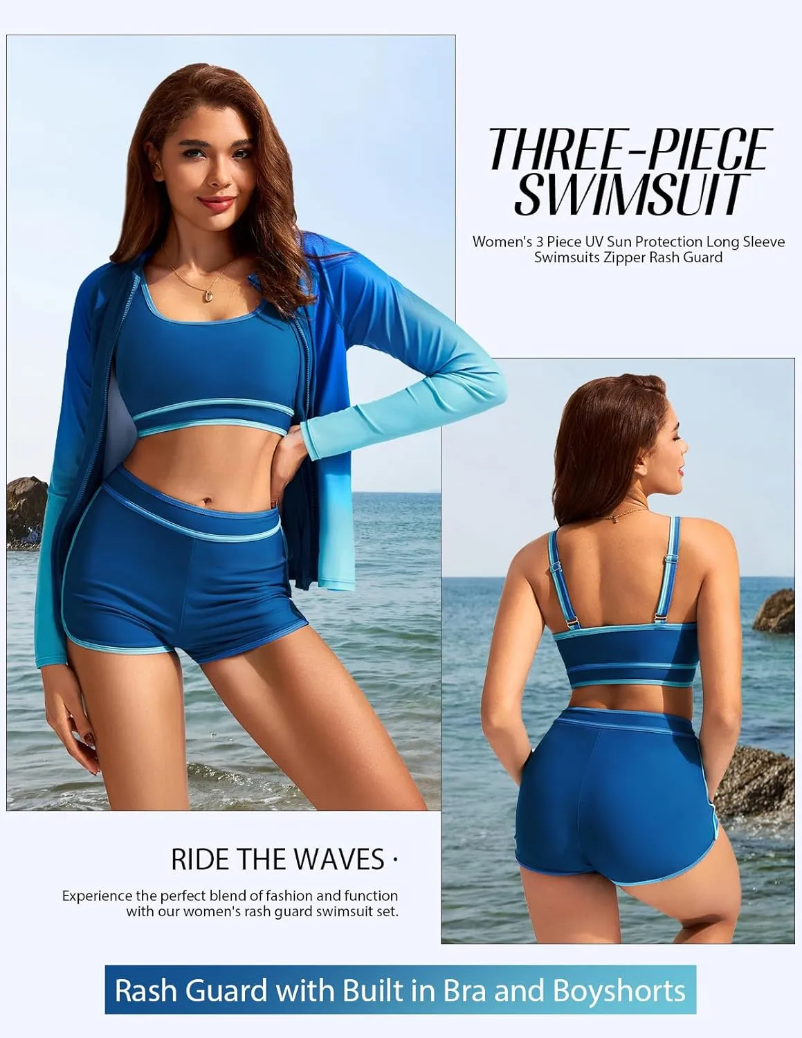 Kate Kasin Women's 3 Piece Rash Guard Long Sleeve Swimsuits Zip Up UPF 50  Built in Bra Swim Shirts with Boyshorts Quick Dry