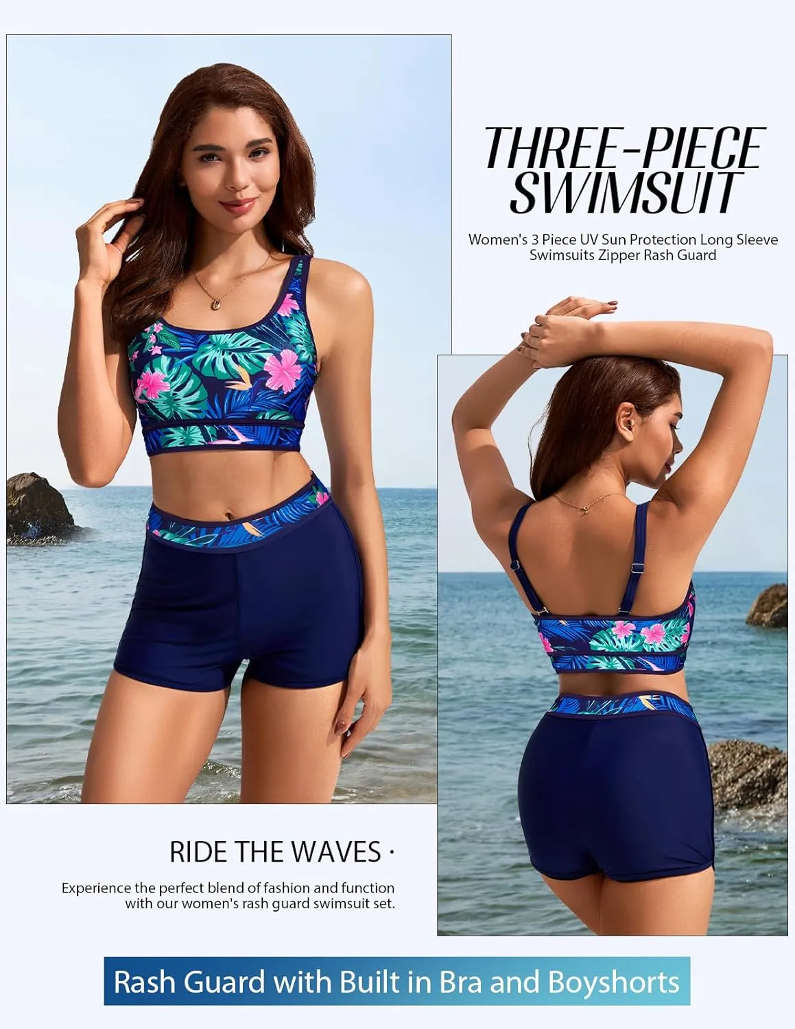 Kate Kasin Women's 3 Piece Rash Guard Long Sleeve Swimsuits Zip Up UPF 50  Built in Bra Swim Shirts with Boyshorts Quick Dry