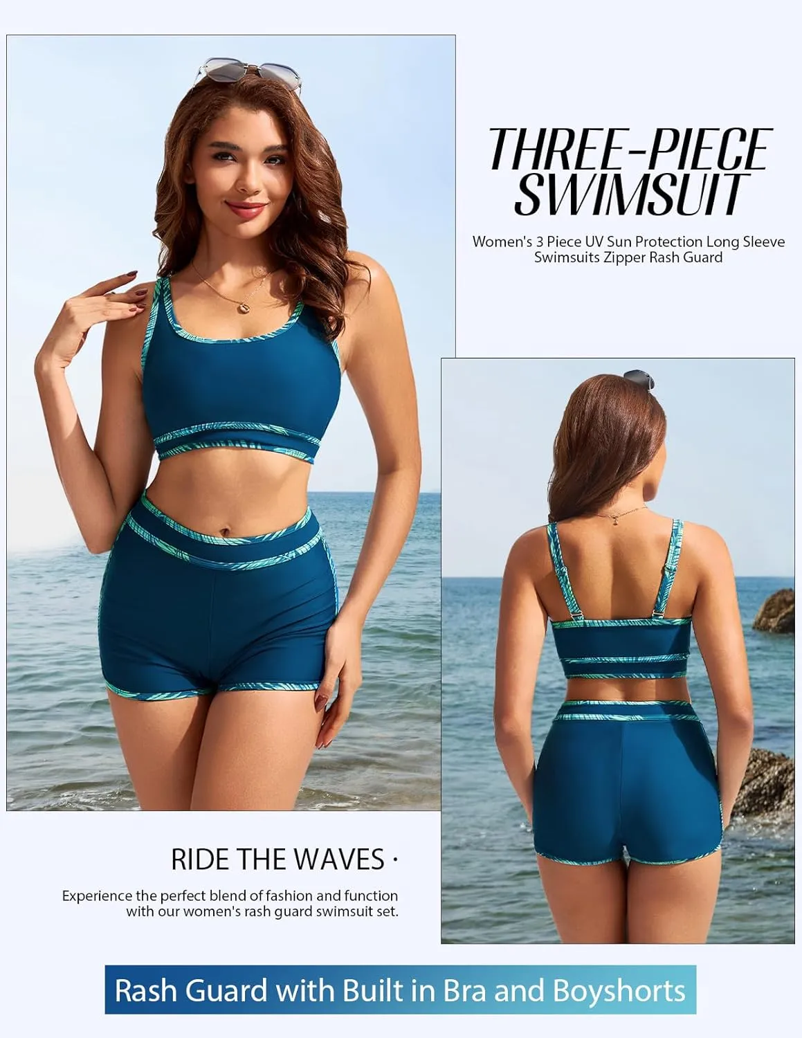 Kate Kasin Women's 3 Piece Rash Guard Long Sleeve Swimsuits Zip Up UPF 50  Built in Bra Swim Shirts with Boyshorts Quick Dry