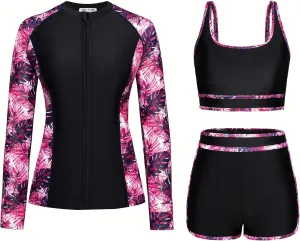 Kate Kasin Women's 3 Piece Rash Guard Long Sleeve Swimsuits Zip Up UPF 50  Built in Bra Swim Shirts with Boyshorts Quick Dry
