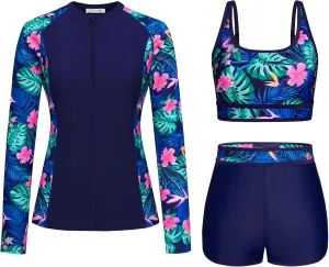 Kate Kasin Women's 3 Piece Rash Guard Long Sleeve Swimsuits Zip Up UPF 50  Built in Bra Swim Shirts with Boyshorts Quick Dry