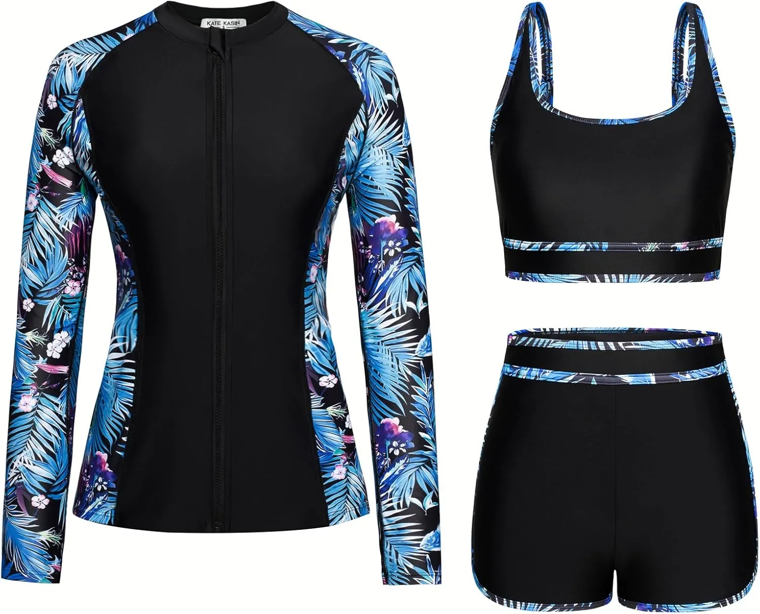 Kate Kasin Women's 3 Piece Rash Guard Long Sleeve Swimsuits Zip Up UPF 50  Built in Bra Swim Shirts with Boyshorts Quick Dry