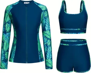 Kate Kasin Women's 3 Piece Rash Guard Long Sleeve Swimsuits Zip Up UPF 50  Built in Bra Swim Shirts with Boyshorts Quick Dry