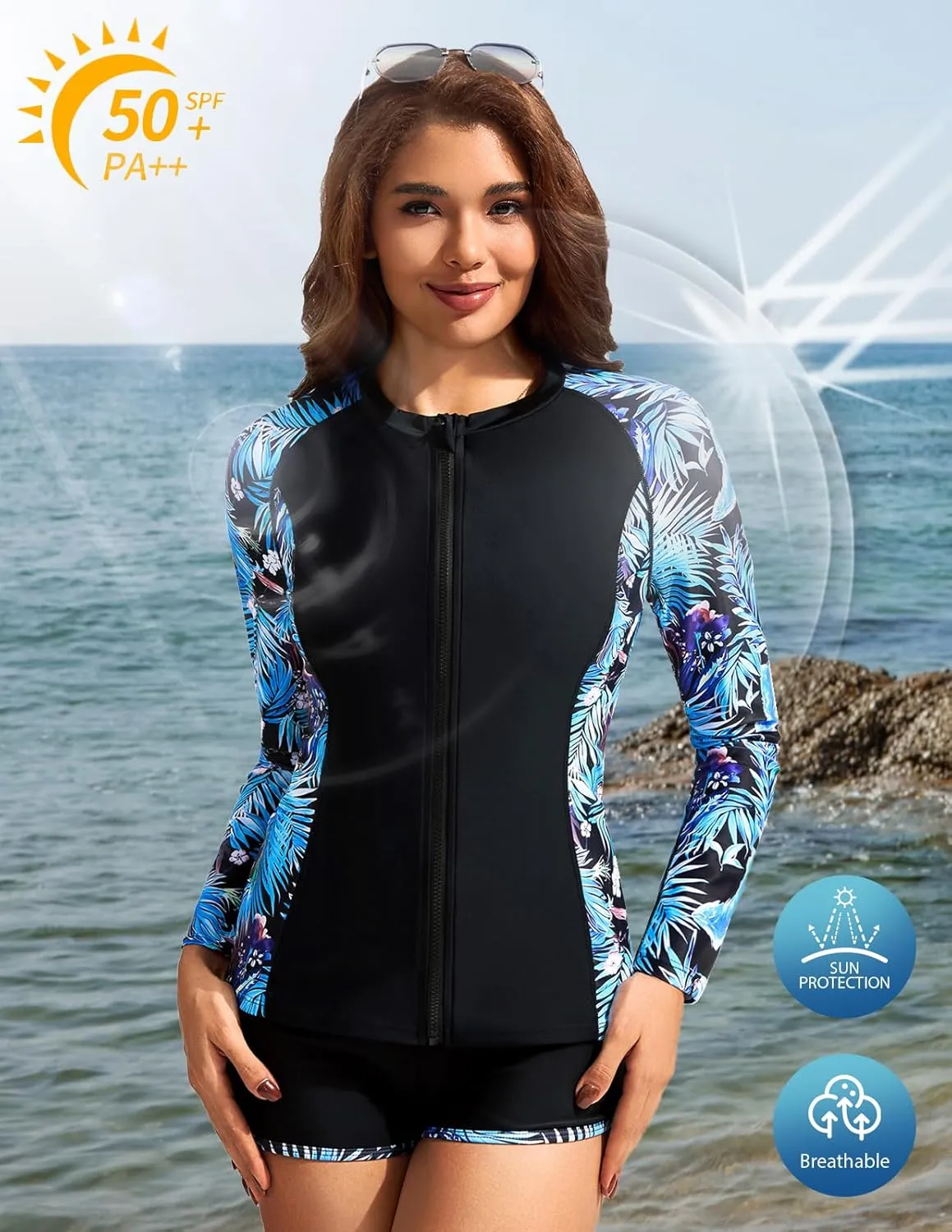 Kate Kasin Women's 3 Piece Rash Guard Long Sleeve Swimsuits Zip Up UPF 50  Built in Bra Swim Shirts with Boyshorts Quick Dry