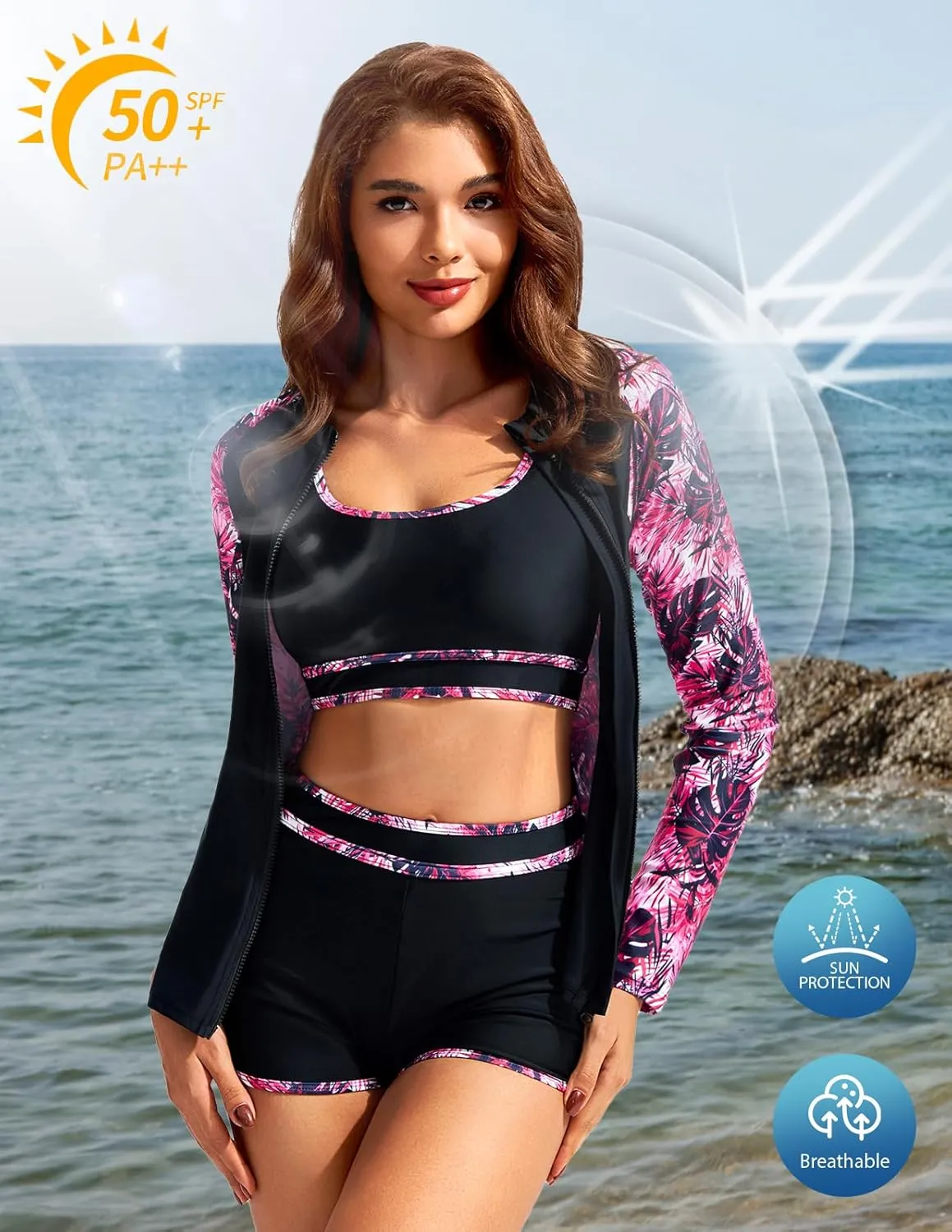Kate Kasin Women's 3 Piece Rash Guard Long Sleeve Swimsuits Zip Up UPF 50  Built in Bra Swim Shirts with Boyshorts Quick Dry