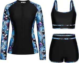Kate Kasin Women's 3 Piece Rash Guard Long Sleeve Swimsuits Zip Up UPF 50  Built in Bra Swim Shirts with Boyshorts Quick Dry