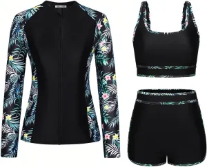 Kate Kasin Women's 3 Piece Rash Guard Long Sleeve Swimsuits Zip Up UPF 50  Built in Bra Swim Shirts with Boyshorts Quick Dry