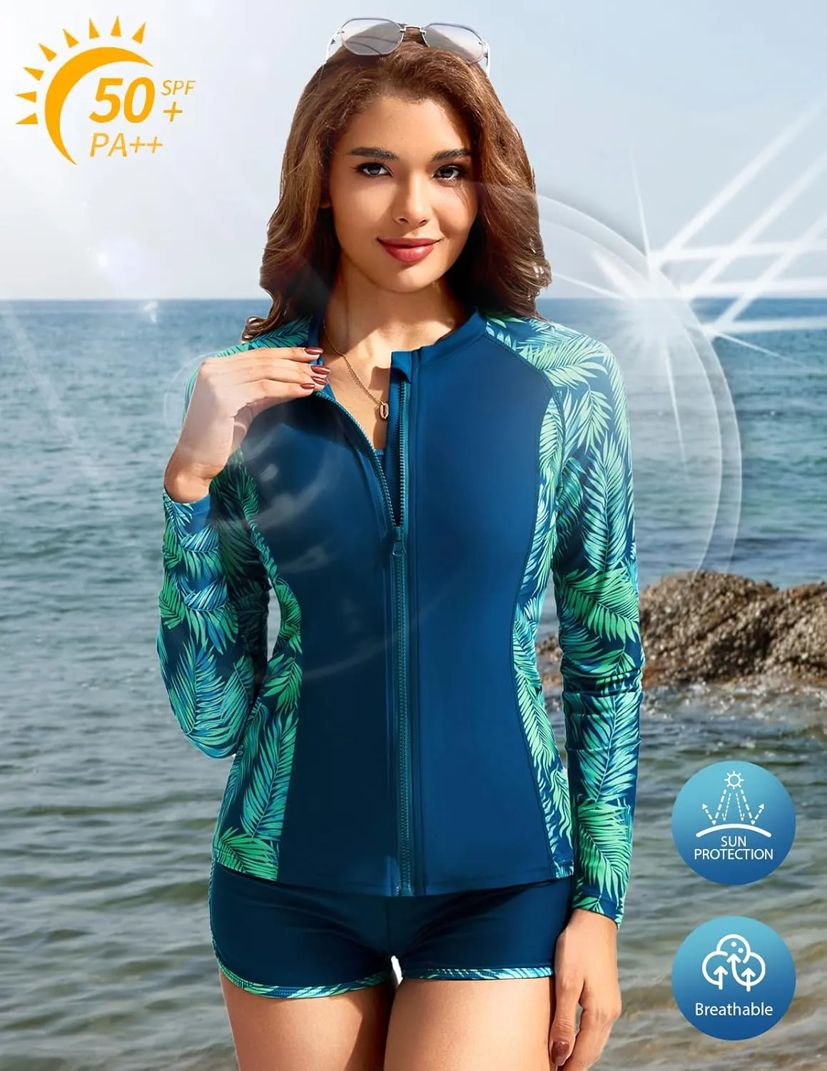 Kate Kasin Women's 3 Piece Rash Guard Long Sleeve Swimsuits Zip Up UPF 50  Built in Bra Swim Shirts with Boyshorts Quick Dry