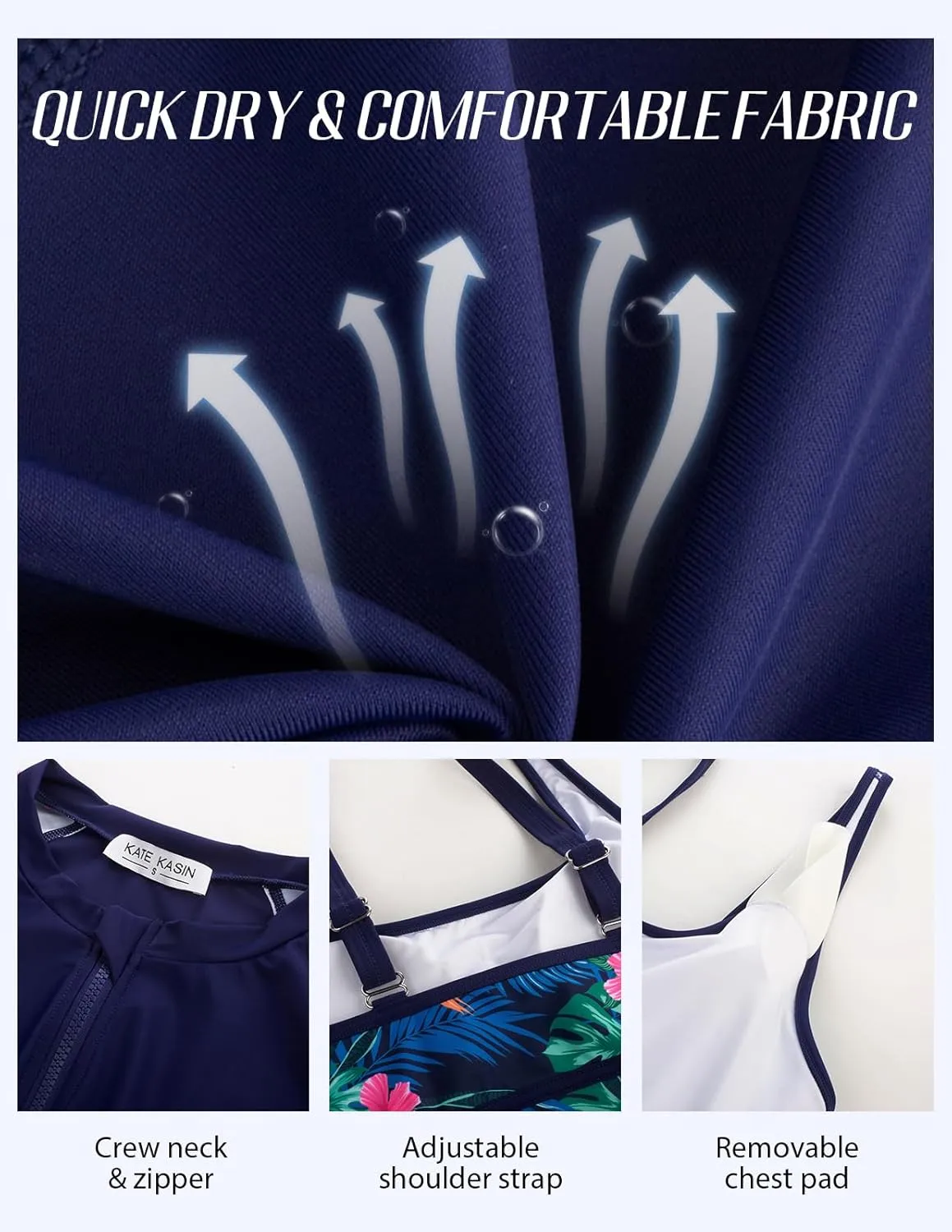 Kate Kasin Women's 3 Piece Rash Guard Long Sleeve Swimsuits Zip Up UPF 50  Built in Bra Swim Shirts with Boyshorts Quick Dry