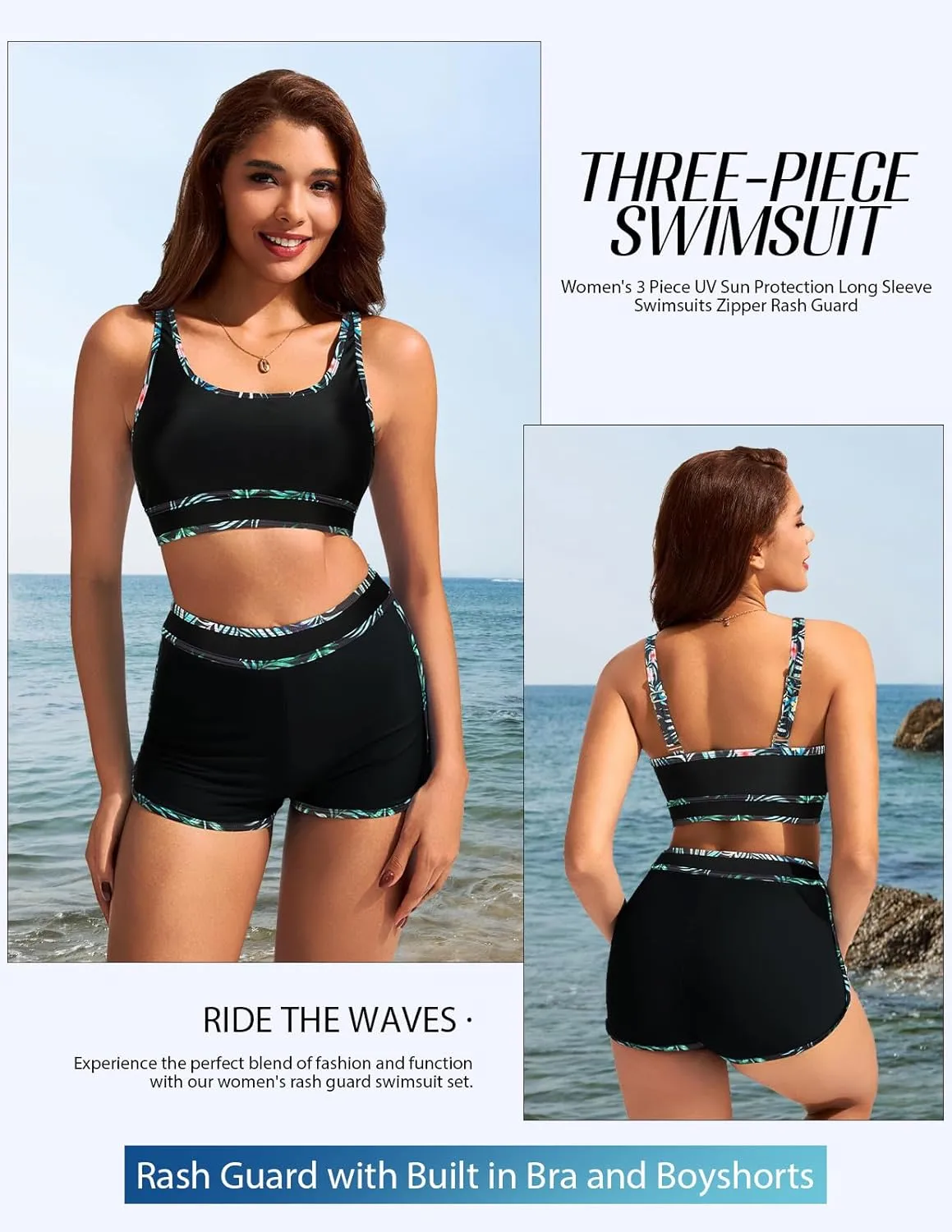 Kate Kasin Women's 3 Piece Rash Guard Long Sleeve Swimsuits Zip Up UPF 50  Built in Bra Swim Shirts with Boyshorts Quick Dry