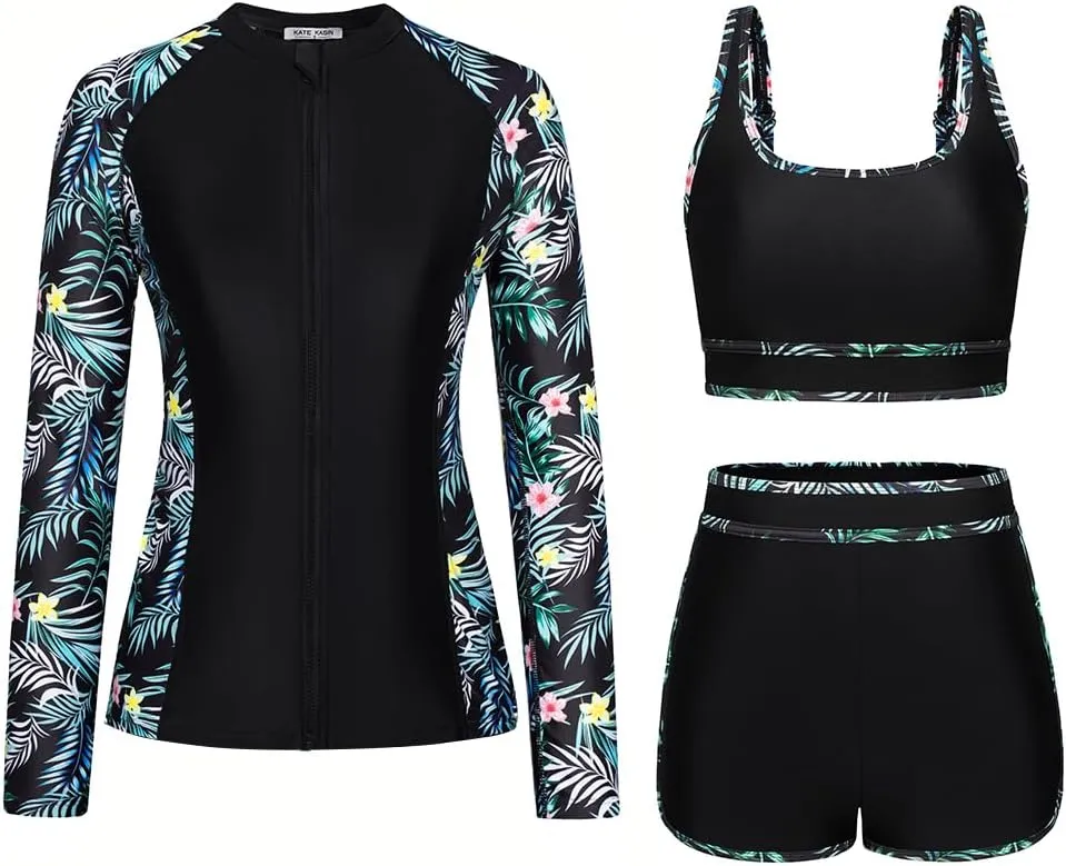 Kate Kasin Women's 3 Piece Rash Guard Long Sleeve Swimsuits Zip Up UPF 50  Built in Bra Swim Shirts with Boyshorts Quick Dry