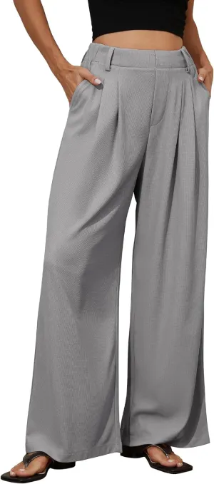 kayamiya Women's Elastic Waist Wide Leg Waffle Pants High Waisted Business Work Casual Summer Dress Trousers with Pockets