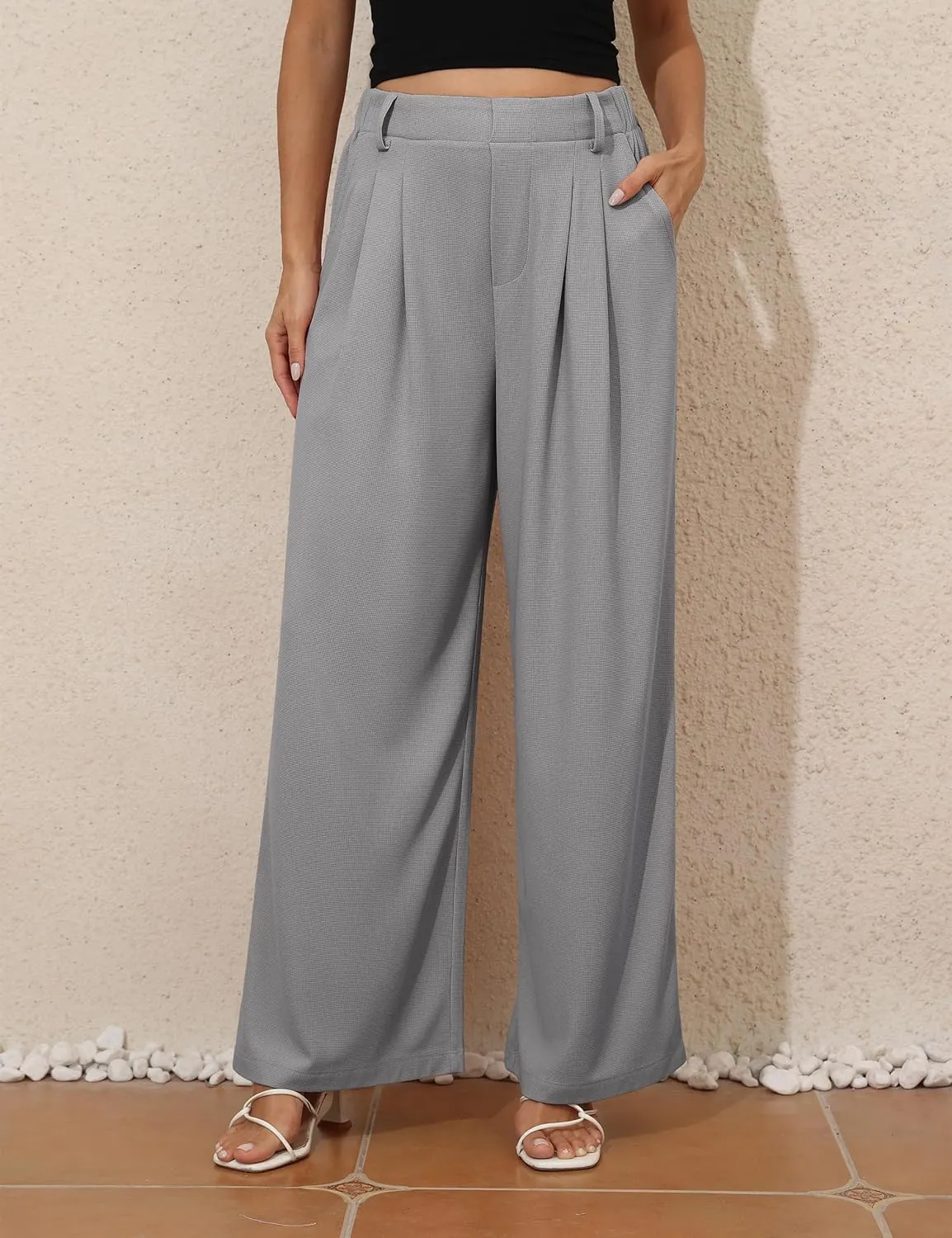 kayamiya Women's Elastic Waist Wide Leg Waffle Pants High Waisted Business Work Casual Summer Dress Trousers with Pockets