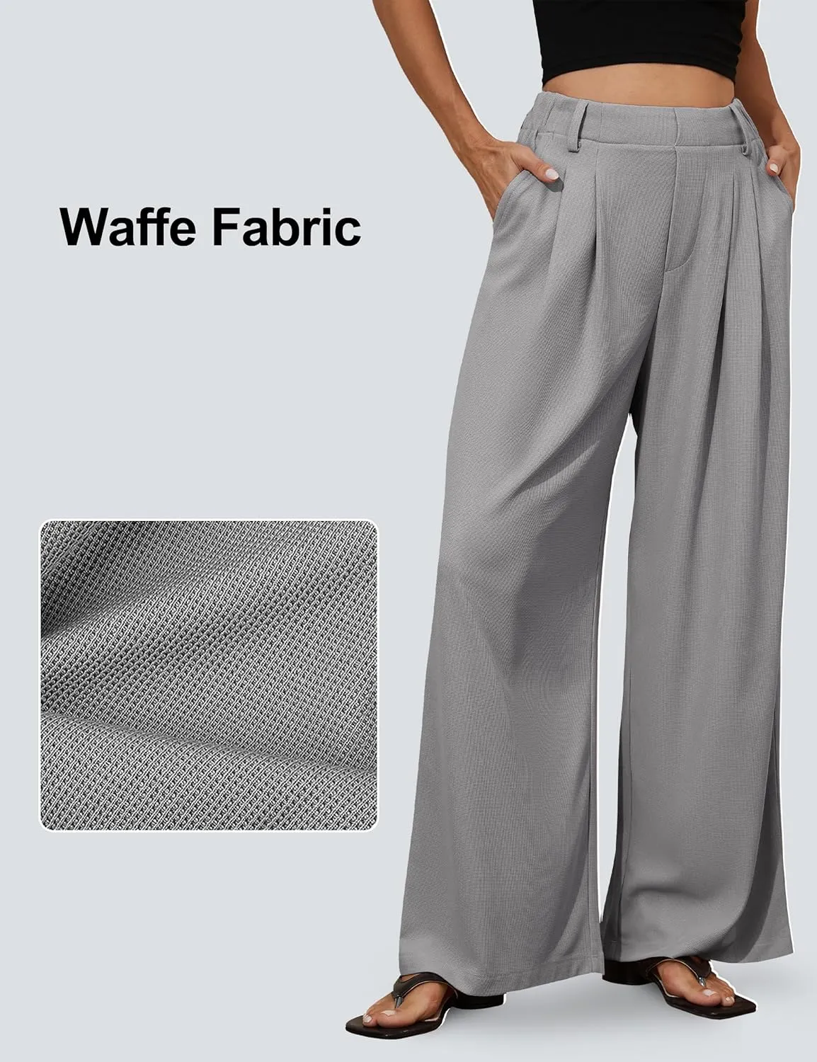 kayamiya Women's Elastic Waist Wide Leg Waffle Pants High Waisted Business Work Casual Summer Dress Trousers with Pockets