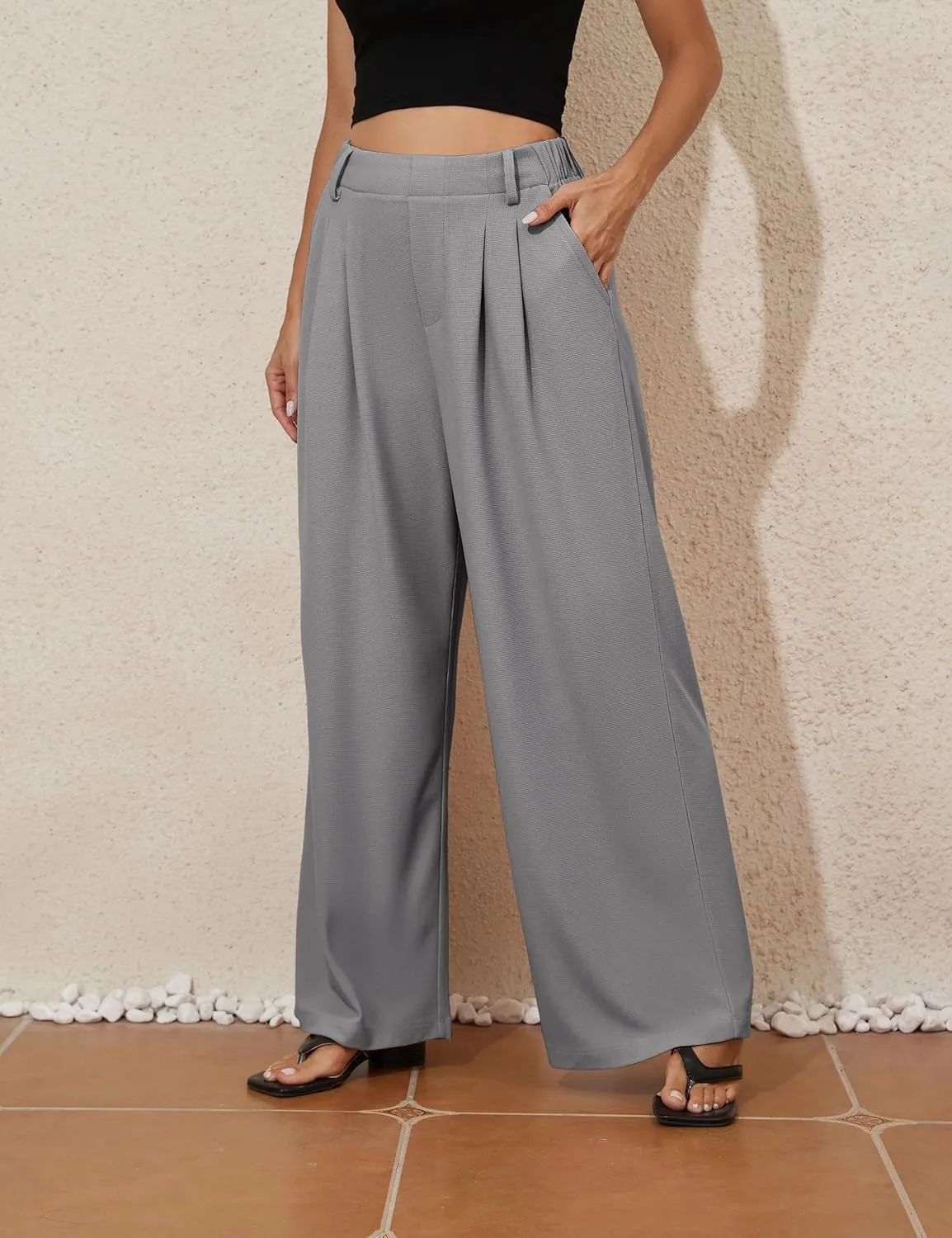 kayamiya Women's Elastic Waist Wide Leg Waffle Pants High Waisted Business Work Casual Summer Dress Trousers with Pockets