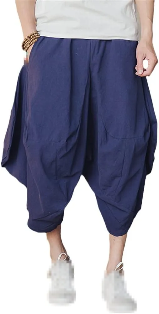 keusyoi Men Harem Pants Loose Drop Crotch Joggers Pants Solid Casual Trousers Men Hip Hop Baggy Cotton Men Wide Leg Pants