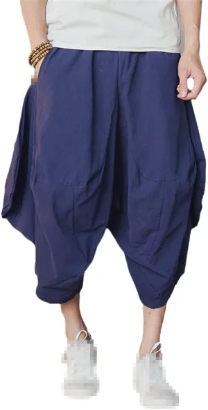keusyoi Men Harem Pants Loose Drop Crotch Joggers Pants Solid Casual Trousers Men Hip Hop Baggy Cotton Men Wide Leg Pants