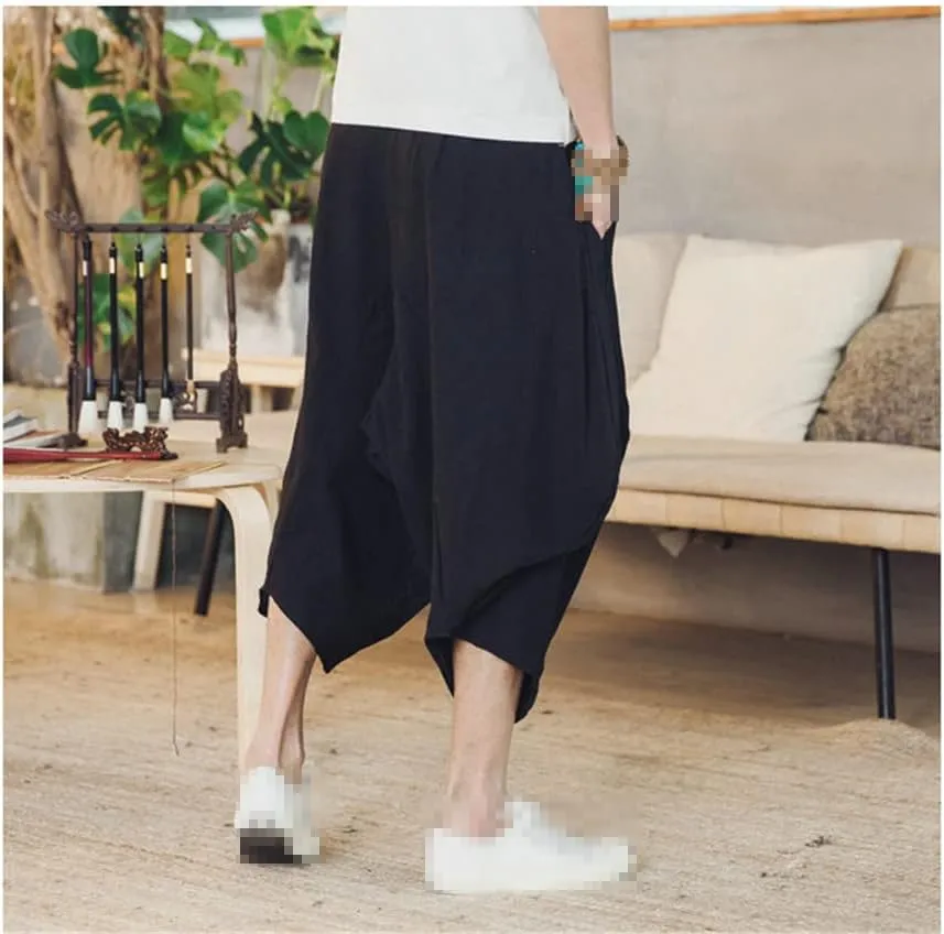 keusyoi Men Harem Pants Loose Drop Crotch Joggers Pants Solid Casual Trousers Men Hip Hop Baggy Cotton Men Wide Leg Pants