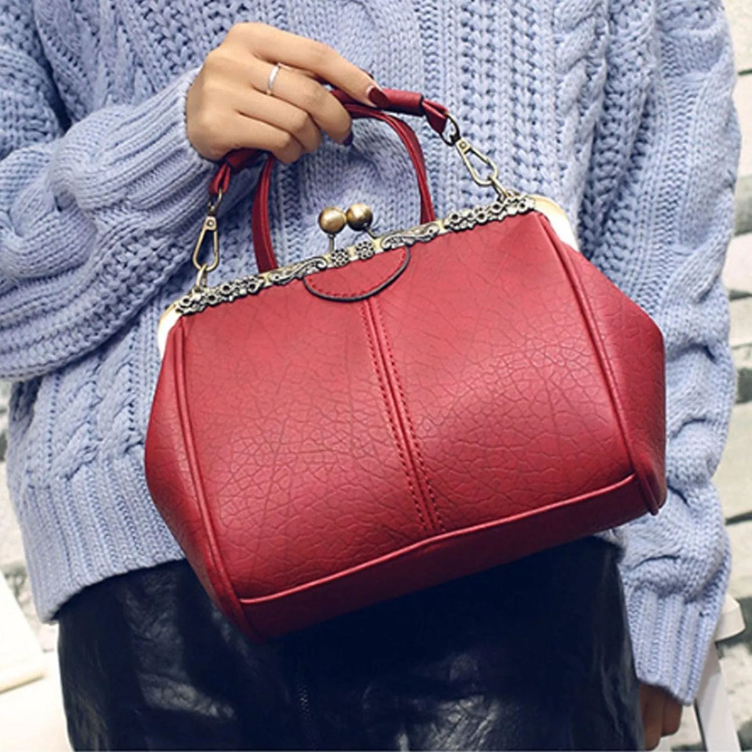 Kiss Lock Handbag Purse for Women Retro PU Leather Tote Small Satchel Shoulder Bag