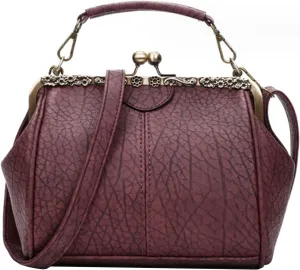 Kiss Lock Handbag Purse for Women Retro PU Leather Tote Small Satchel Shoulder Bag