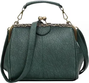 Kiss Lock Handbag Purse for Women Retro PU Leather Tote Small Satchel Shoulder Bag