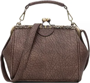 Kiss Lock Handbag Purse for Women Retro PU Leather Tote Small Satchel Shoulder Bag