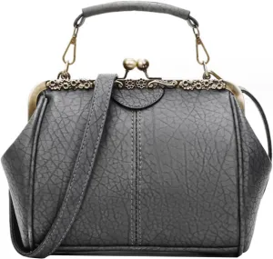 Kiss Lock Handbag Purse for Women Retro PU Leather Tote Small Satchel Shoulder Bag
