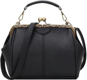 Kiss Lock Handbag Purse for Women Retro PU Leather Tote Small Satchel Shoulder Bag
