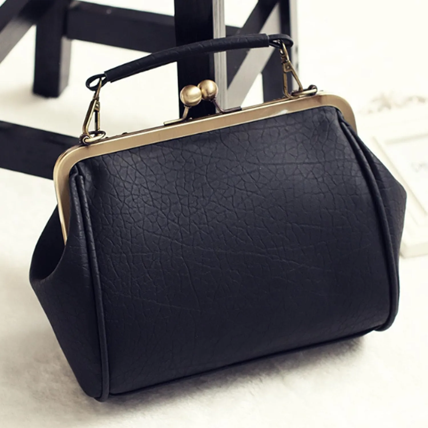 Kiss Lock Handbag Purse for Women Retro PU Leather Tote Small Satchel Shoulder Bag