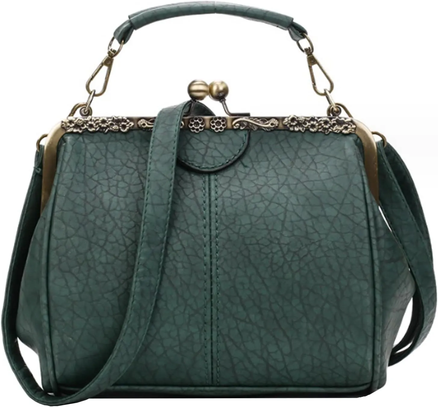 Kiss Lock Handbag Purse for Women Retro PU Leather Tote Small Satchel Shoulder Bag