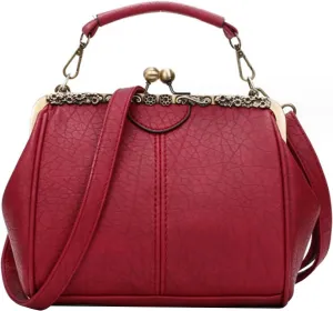 Kiss Lock Handbag Purse for Women Retro PU Leather Tote Small Satchel Shoulder Bag