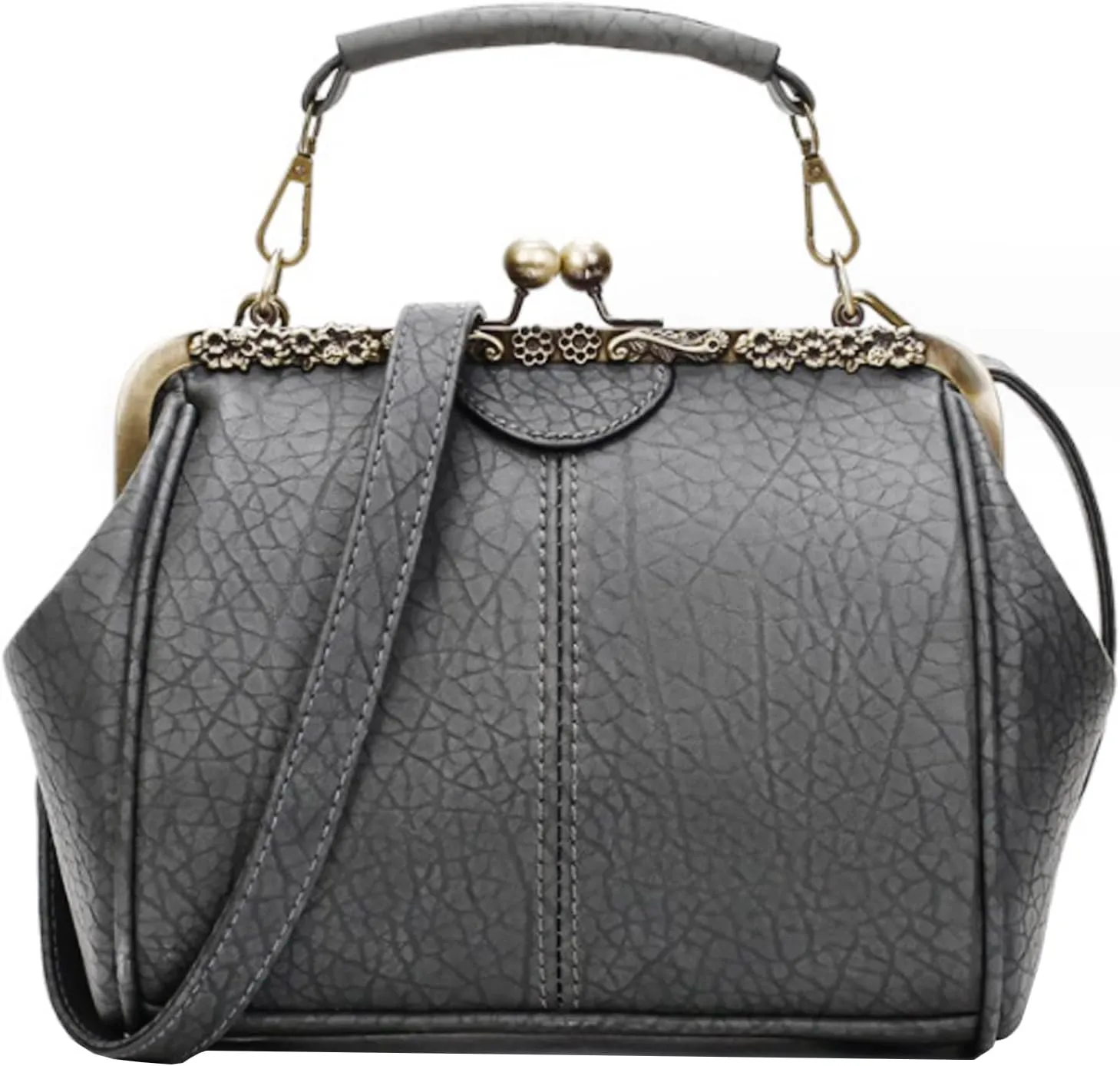 Kiss Lock Handbag Purse for Women Retro PU Leather Tote Small Satchel Shoulder Bag