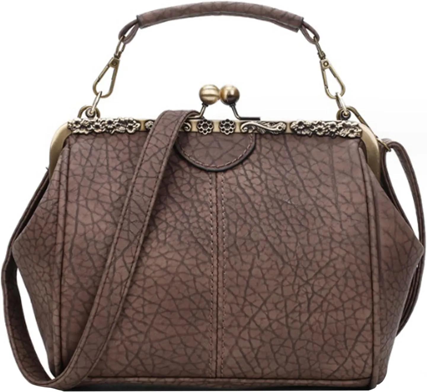 Kiss Lock Handbag Purse for Women Retro PU Leather Tote Small Satchel Shoulder Bag