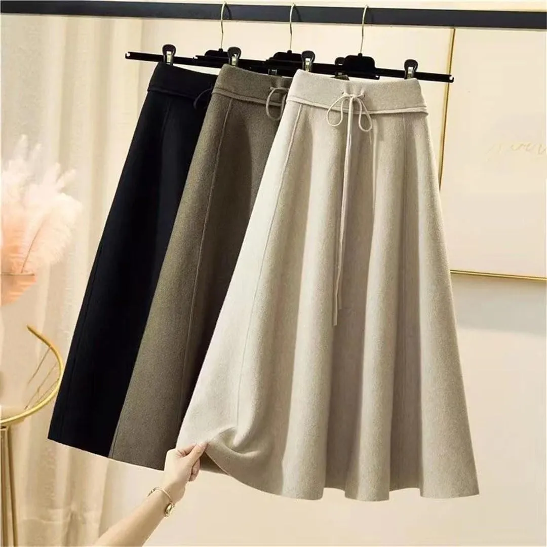 Knitted Midi Skirts Women High Waist Pleated A Line Skirt Korean Elegant Autumn Winter Lace Up Bandage Slim Skirt