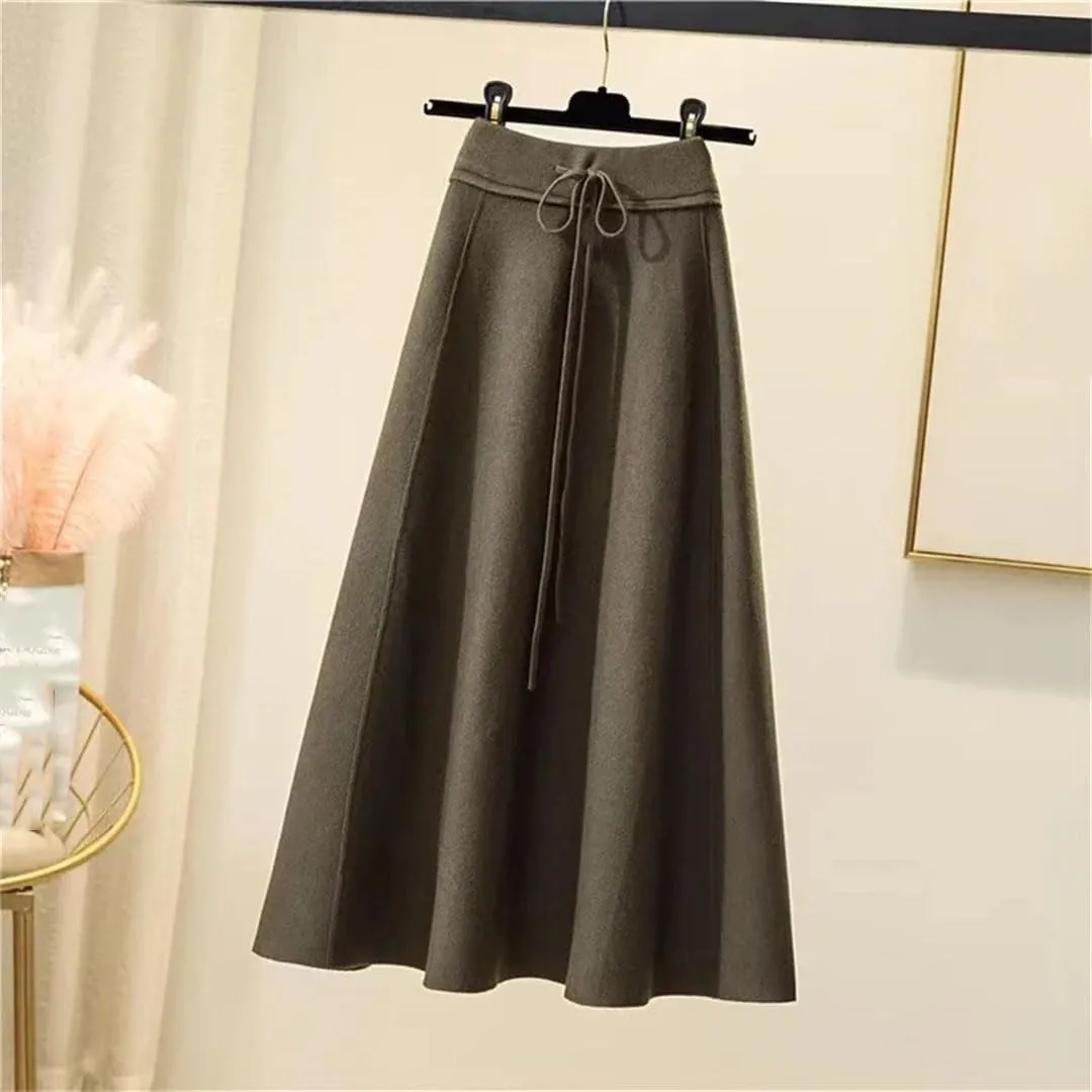 Knitted Midi Skirts Women High Waist Pleated A Line Skirt Korean Elegant Autumn Winter Lace Up Bandage Slim Skirt