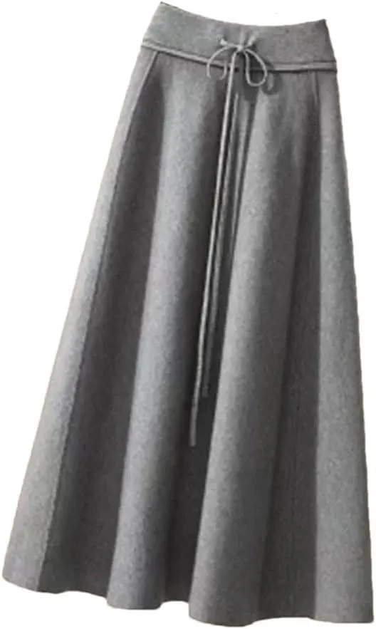 Knitted Midi Skirts Women High Waist Pleated A Line Skirt Korean Elegant Autumn Winter Lace Up Bandage Slim Skirt