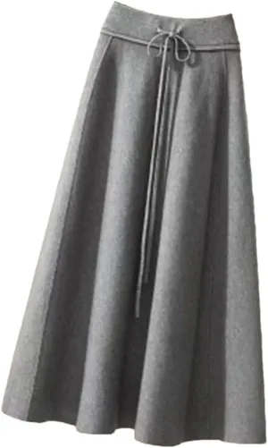 Knitted Midi Skirts Women High Waist Pleated A Line Skirt Korean Elegant Autumn Winter Lace Up Bandage Slim Skirt