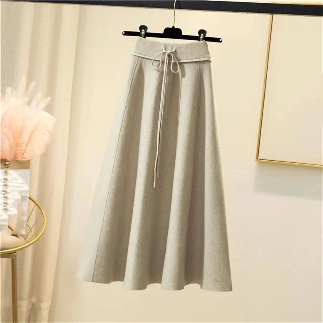 Knitted Midi Skirts Women High Waist Pleated A Line Skirt Korean Elegant Autumn Winter Lace Up Bandage Slim Skirt