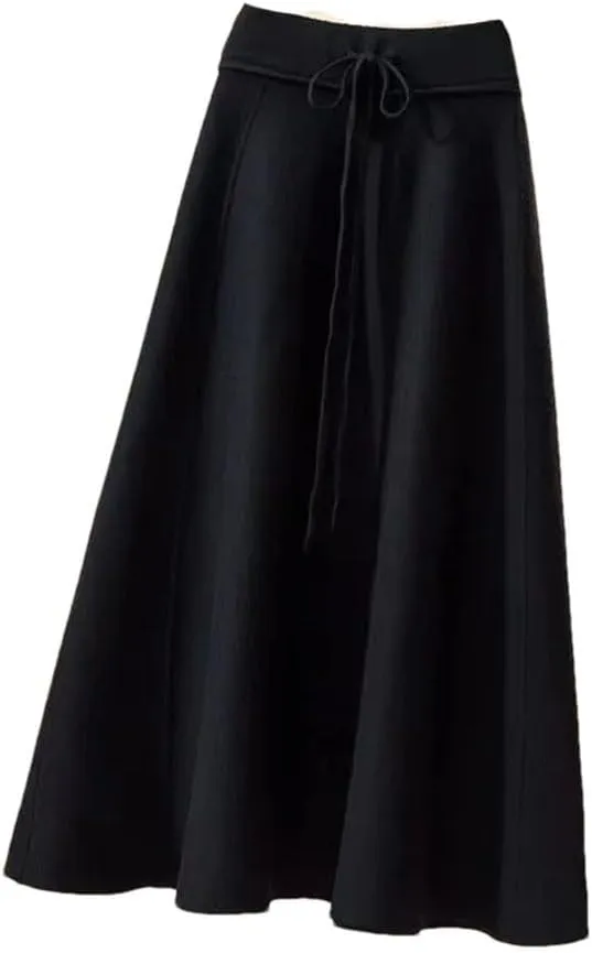 Knitted Midi Skirts Women High Waist Pleated A Line Skirt Korean Elegant Autumn Winter Lace Up Bandage Slim Skirt