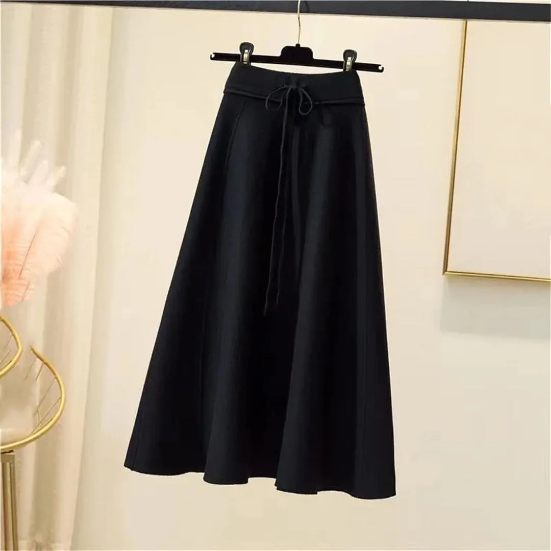Knitted Midi Skirts Women High Waist Pleated A Line Skirt Korean Elegant Autumn Winter Lace Up Bandage Slim Skirt