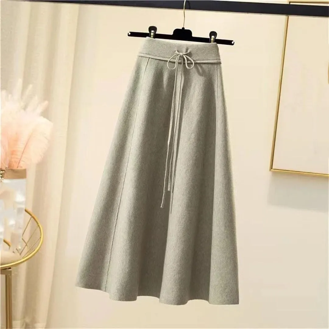 Knitted Midi Skirts Women High Waist Pleated A Line Skirt Korean Elegant Autumn Winter Lace Up Bandage Slim Skirt