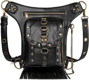 Lady Bag Steampunk Multi-Purpose Leather Shoulder Bag Motorcycle Waist Pack Rivet Waist Pack Shoulder Bag Leg Travel, One Color, One Size