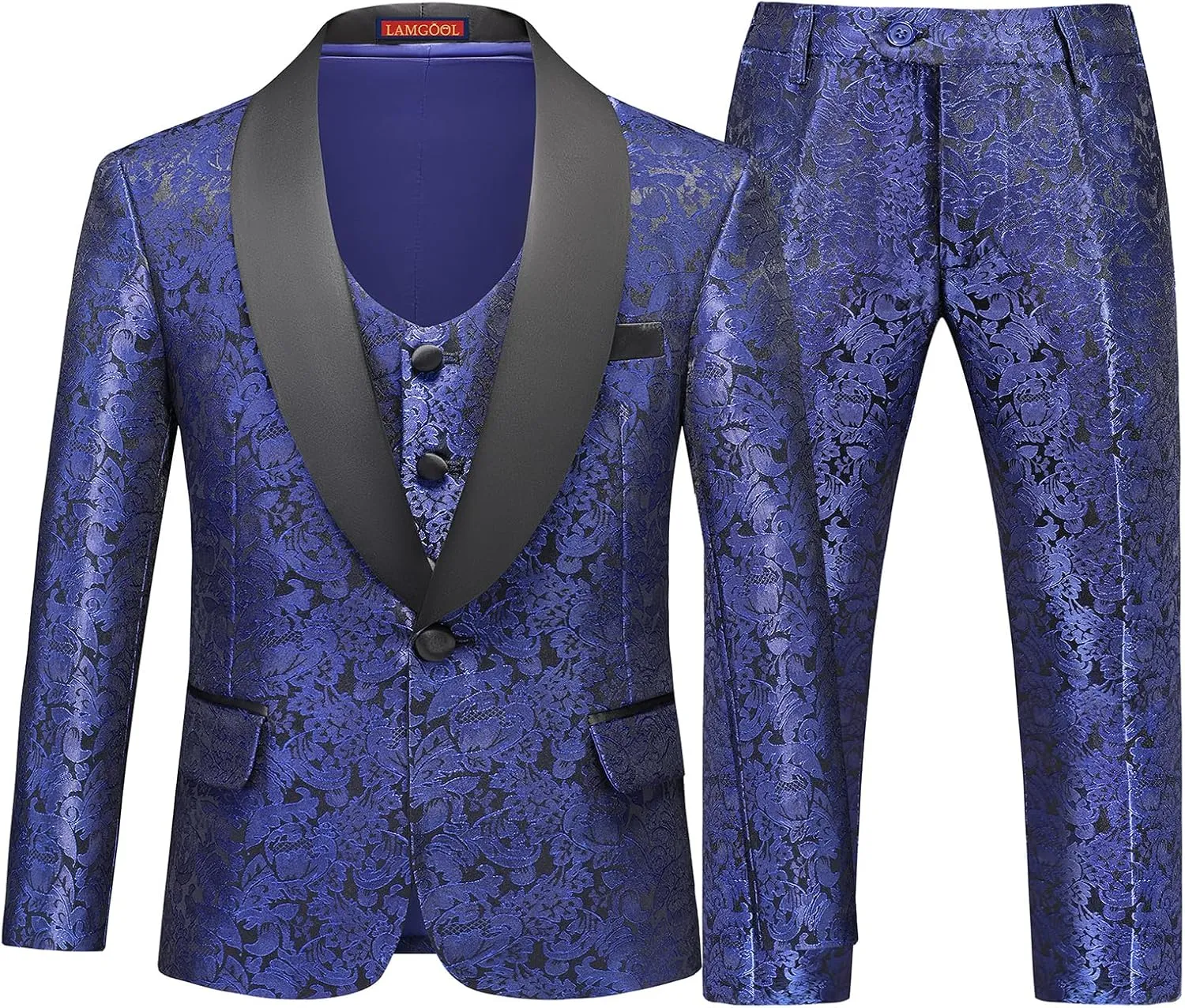 Lamgool Boys Suit 3 Pieces Slim Fit Tuxedo Formal Set with Floral Jacquard Jacket Pant Vest for Wedding Prom Party Size 4-16Y