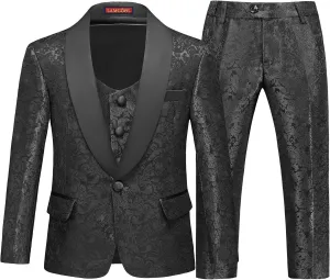 Lamgool Boys Suit 3 Pieces Slim Fit Tuxedo Formal Set with Floral Jacquard Jacket Pant Vest for Wedding Prom Party Size 4-16Y