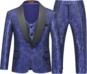 Lamgool Boys Suit 3 Pieces Slim Fit Tuxedo Formal Set with Floral Jacquard Jacket Pant Vest for Wedding Prom Party Size 4-16Y