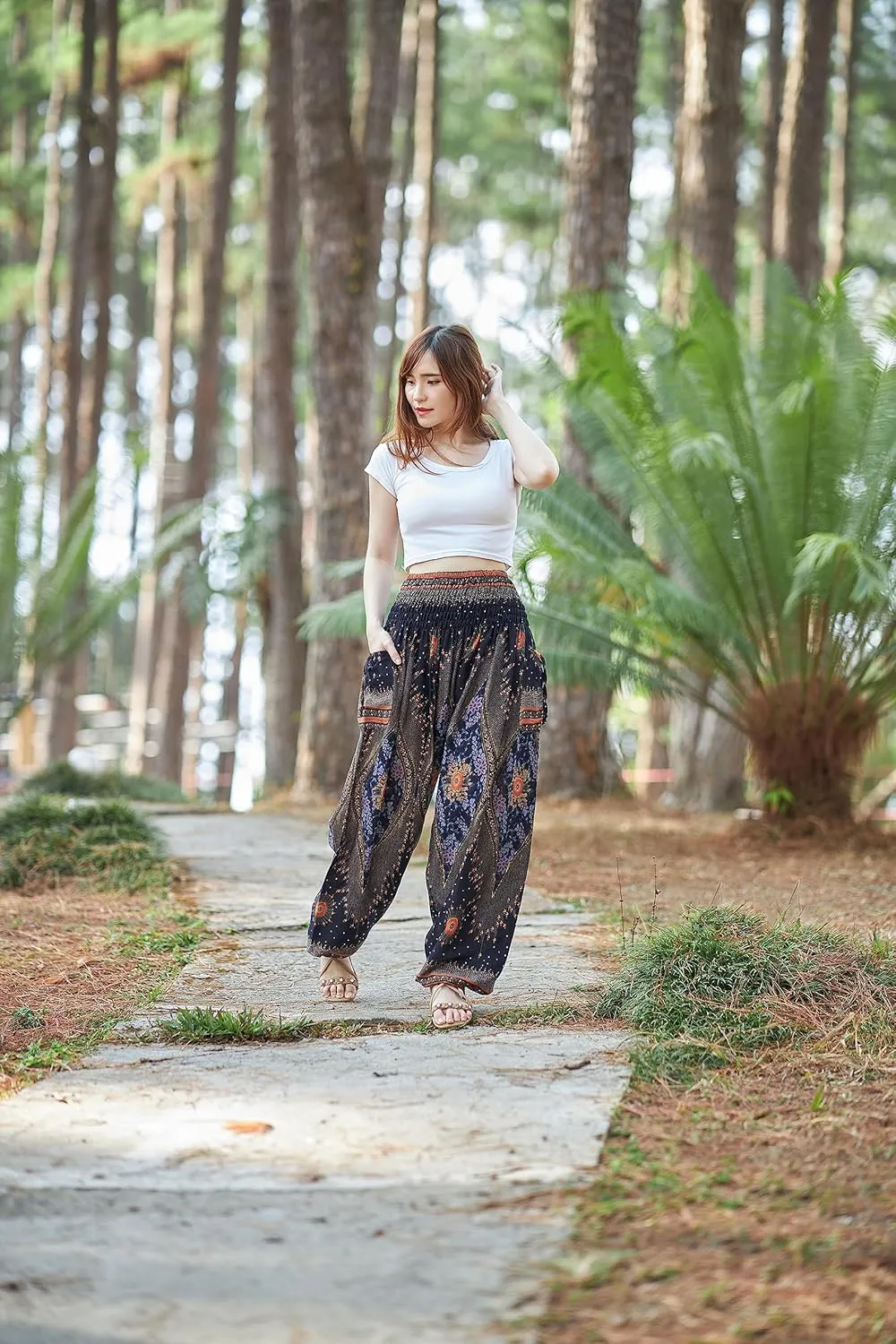 Lannaclothesdesign Women's Smocked Waist Boho Flowy Yoga Harem Pants Hippie Clothes